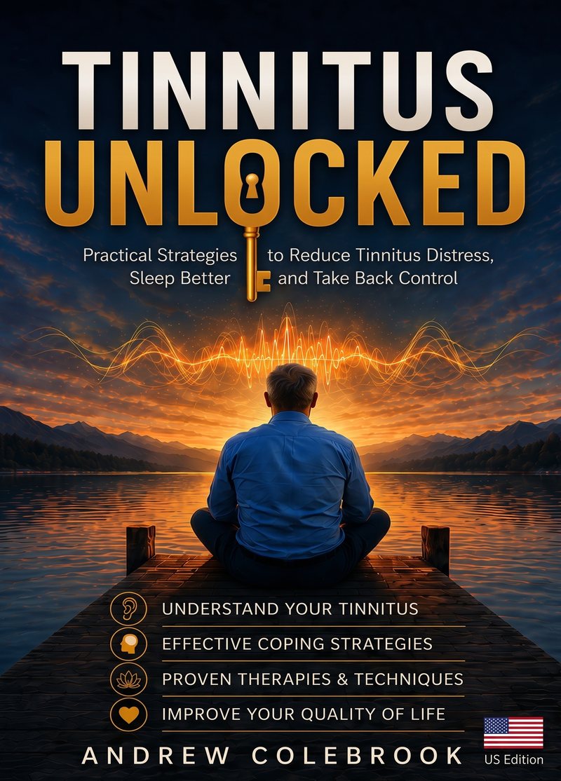 Tinnitus UNLOCKED book cover — Practical Strategies to Reduce Tinnitus Distress, Sleep Better and Take Back Control, by Andrew Colebrook